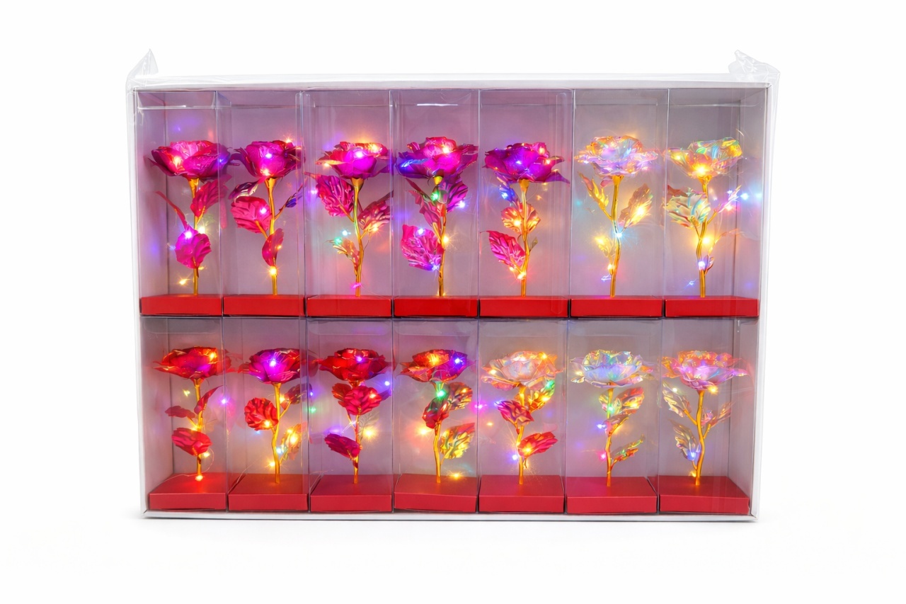 Set 14 flori artificiale cu LED si baterii incluse, ambalaj cadou, multicolor, 20 x 7 cm
