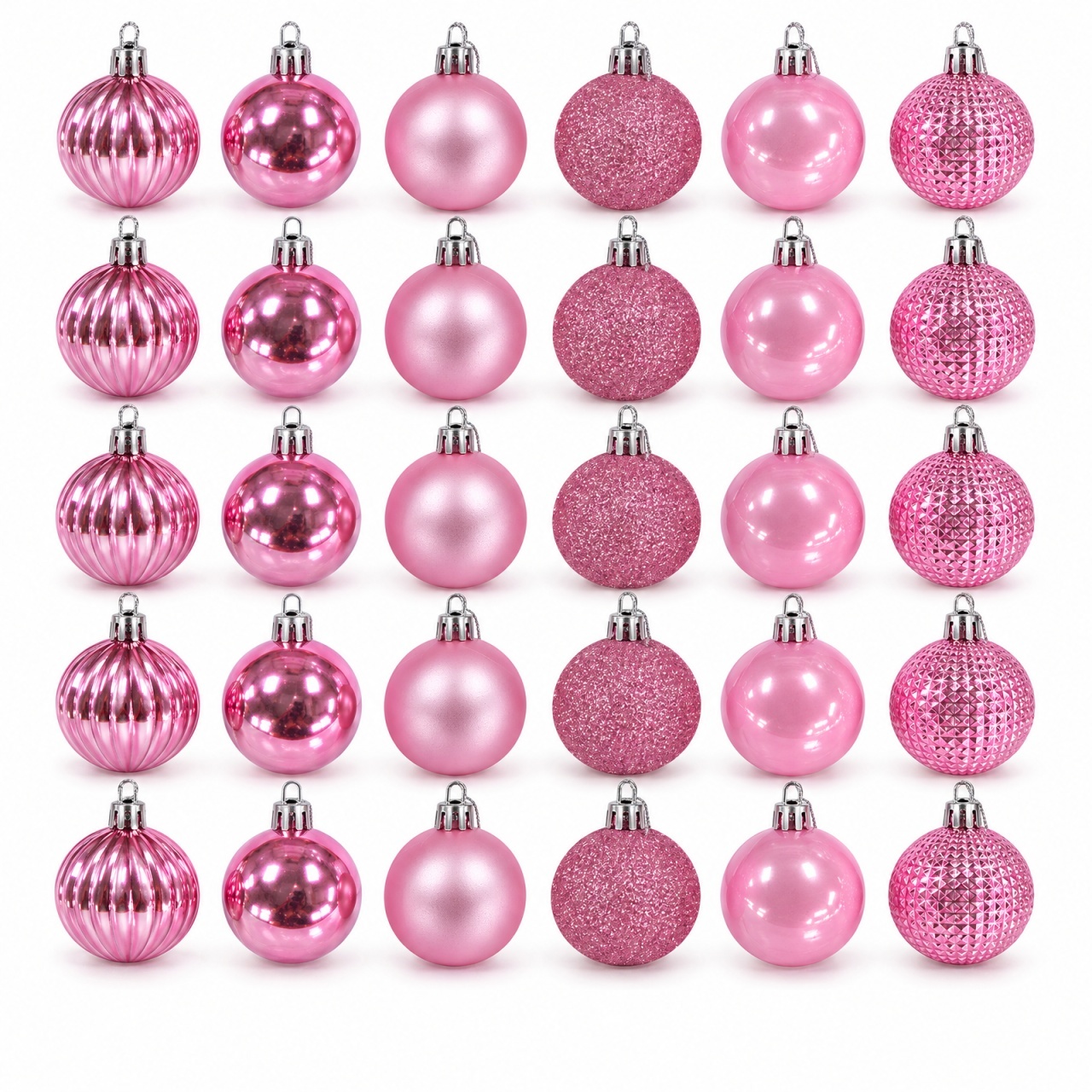 Set 36 globuri de Crăciun roz, 6 modele, plastic, agățătoare argintie, cutie 29 x 14 cm