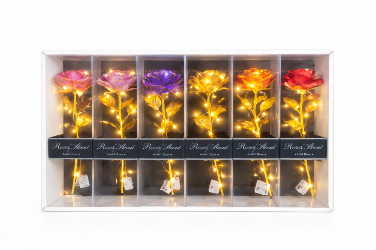 Set 6 flori artificiale cu LED si baterii incluse, Gold Rose, ambalaj cadou, 26 x 7.5 cm
