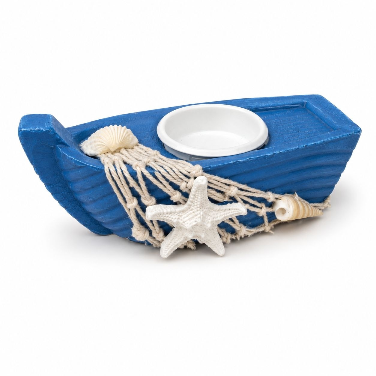 Set 6 Suport Lumânare Decorativ în Formă de Barcă Albastră – Suvenir Marin cu Plasă, Scoici și Stea de Mare