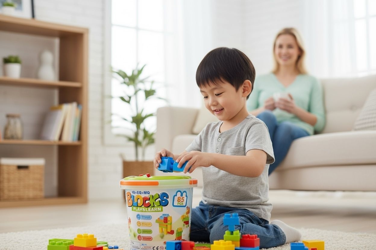Set Blocuri de Construit Play Learn , 85 Piese , Galetusa din Plastic , Dimensiuni Mari , 23.5x23cm 3