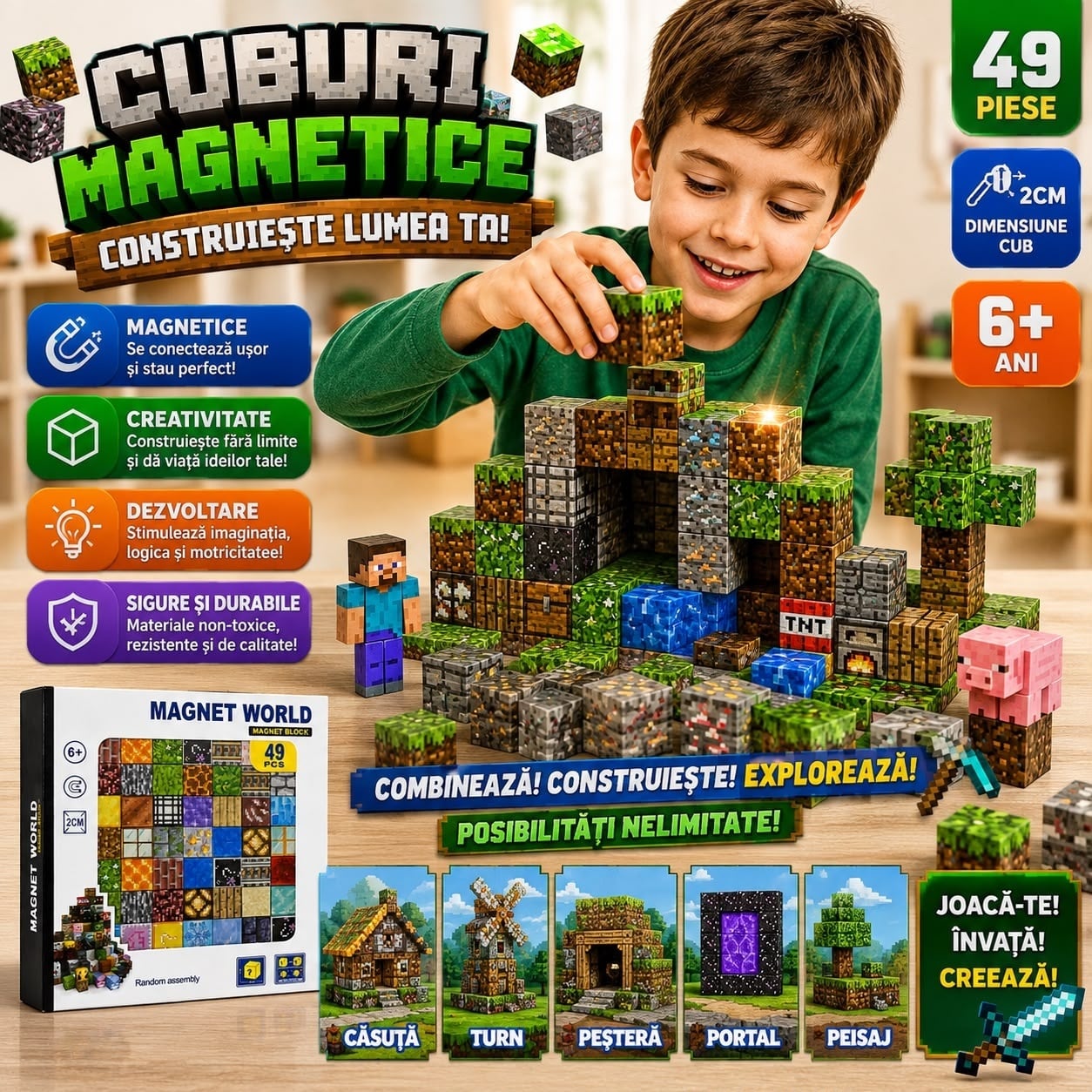 Set Cuburi Magnetice Magnet World, 49 Piese, 2 cm – Joc de Construcție 3D Educativ pentru Copii 6+