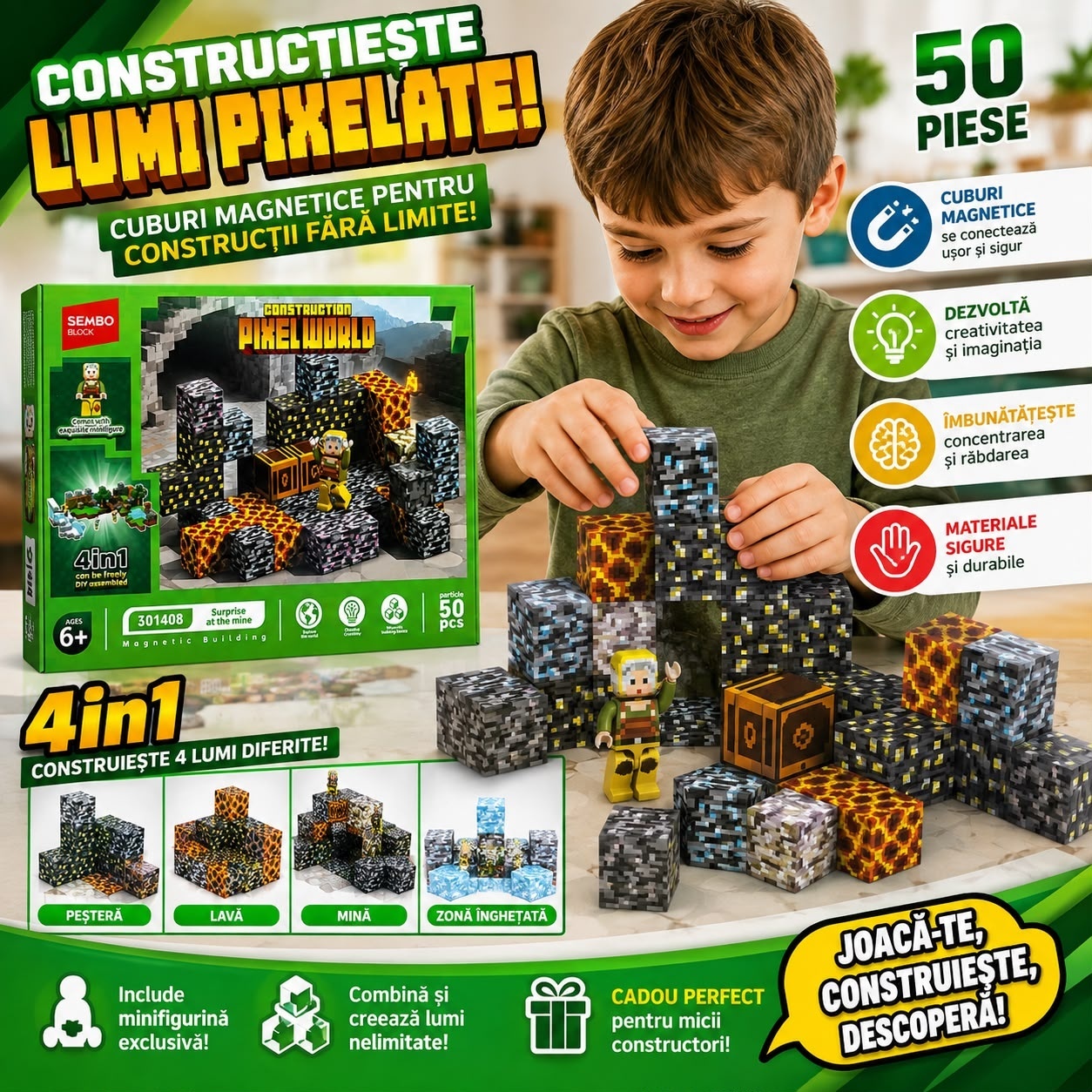 Set Cuburi Magnetice Pixel World 4 în 1, 50 Piese cu Minifigurină, Joc de Construcție Magnetic, 6+ Ani 3