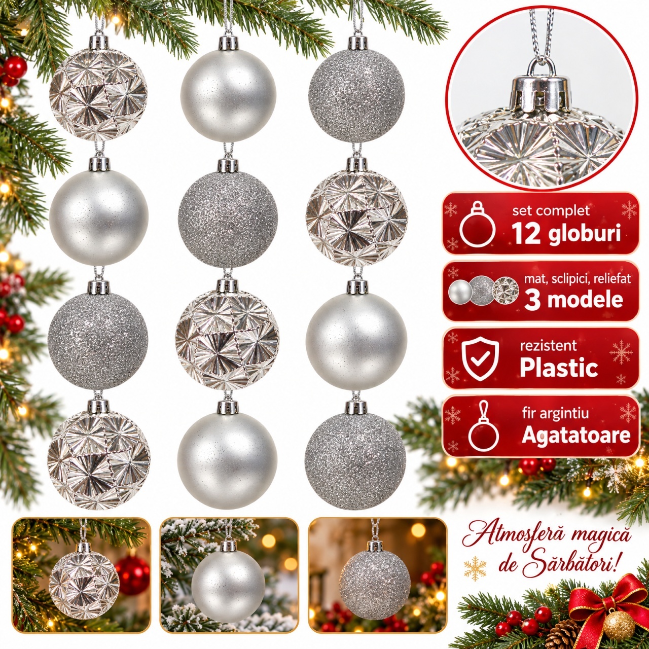 Set de 12 globuri de Crăciun argintii, model mat, cu sclipici și reliefat, din plastic