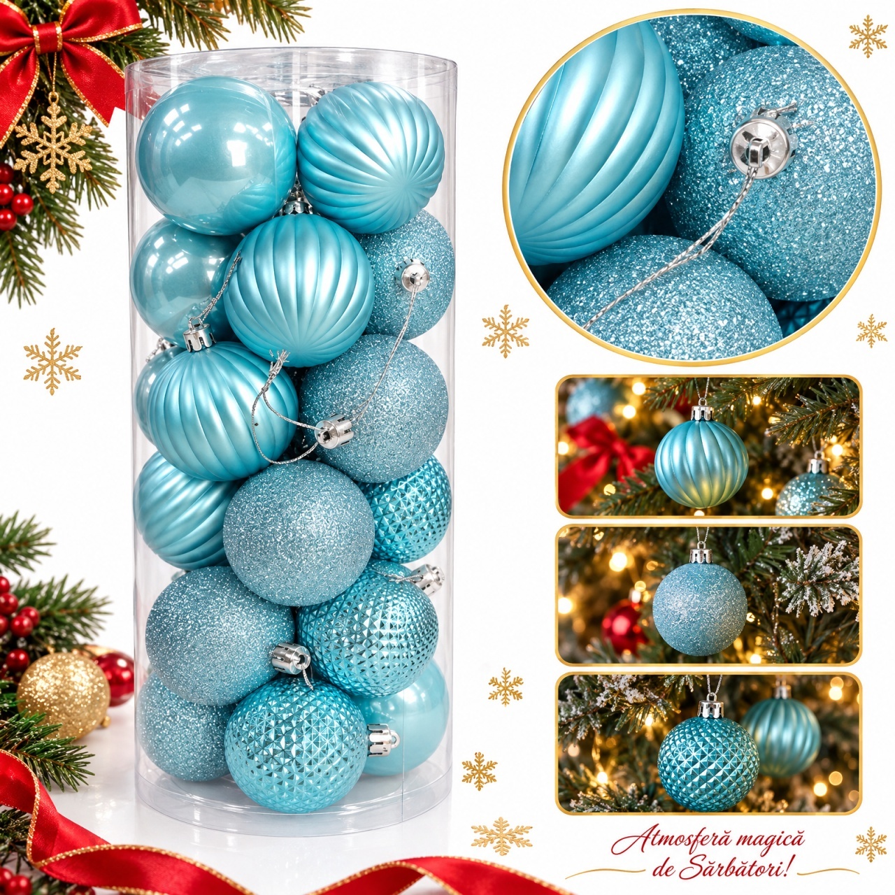 Set de 24 globuri pentru brad, din plastic, albastru deschis, modele diverse, 40 × 17 cm
