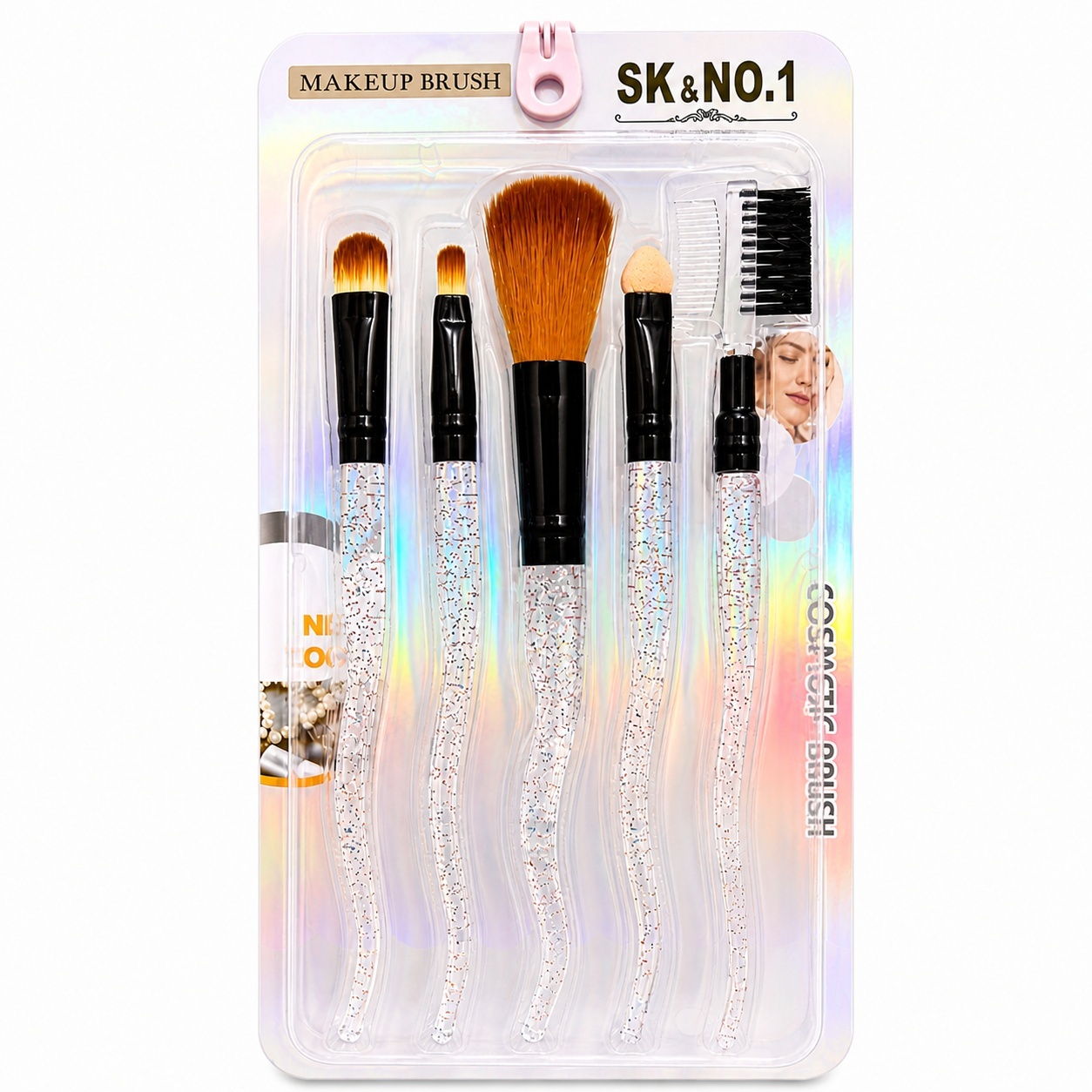 Set de 5 Pensule Profesionale pentru Machiaj – Mânere cu Sclipici Multicolor și Fibre Ultra-Moi