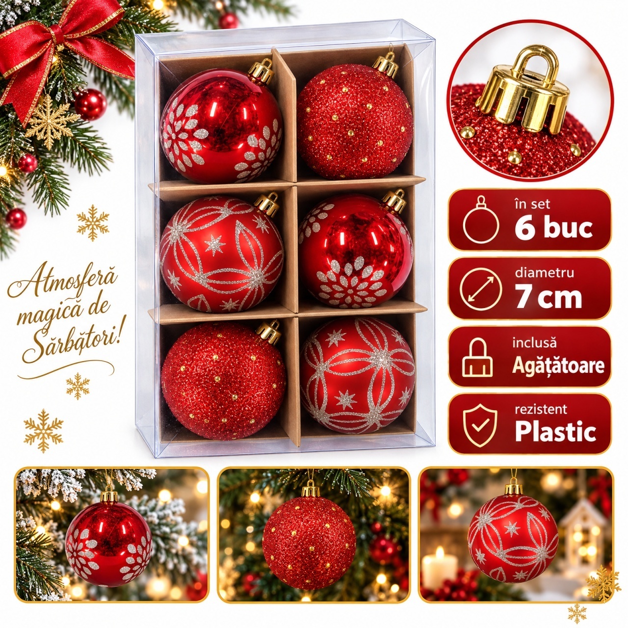 Set de 6 globuri de Crăciun roșii, modele combinate cu sclipici, din plastic, 7 cm