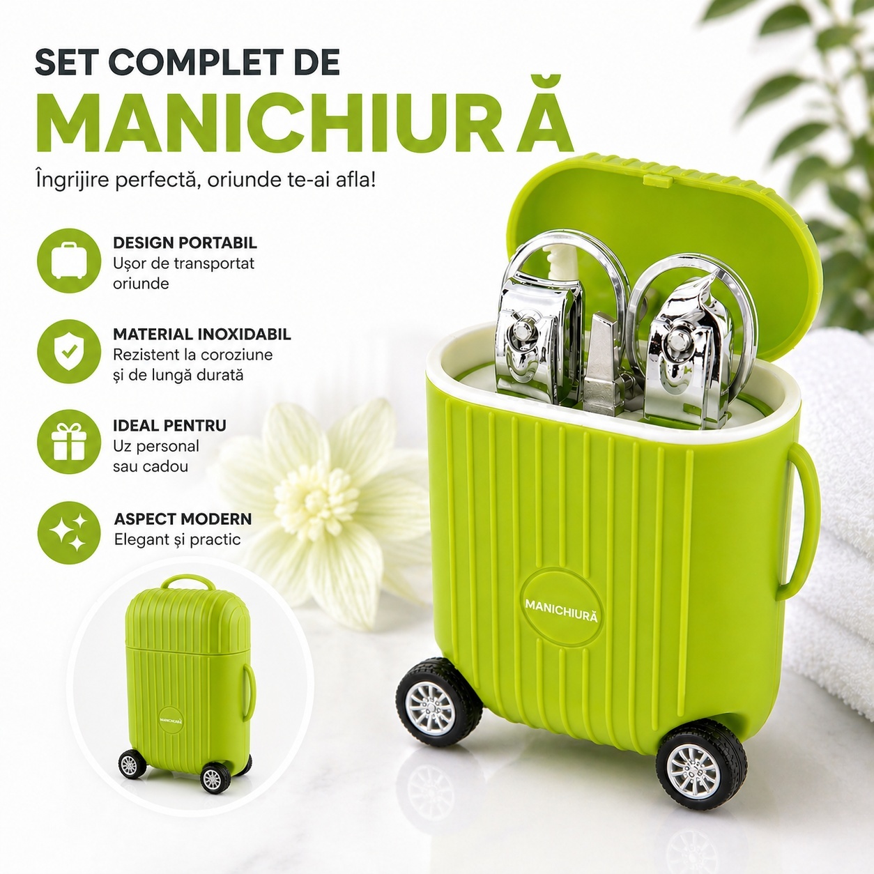 Set de Manichiură Profesional cu Husă Troller Verde – Kit Portabil pentru Îngrijirea Unghiilor 3