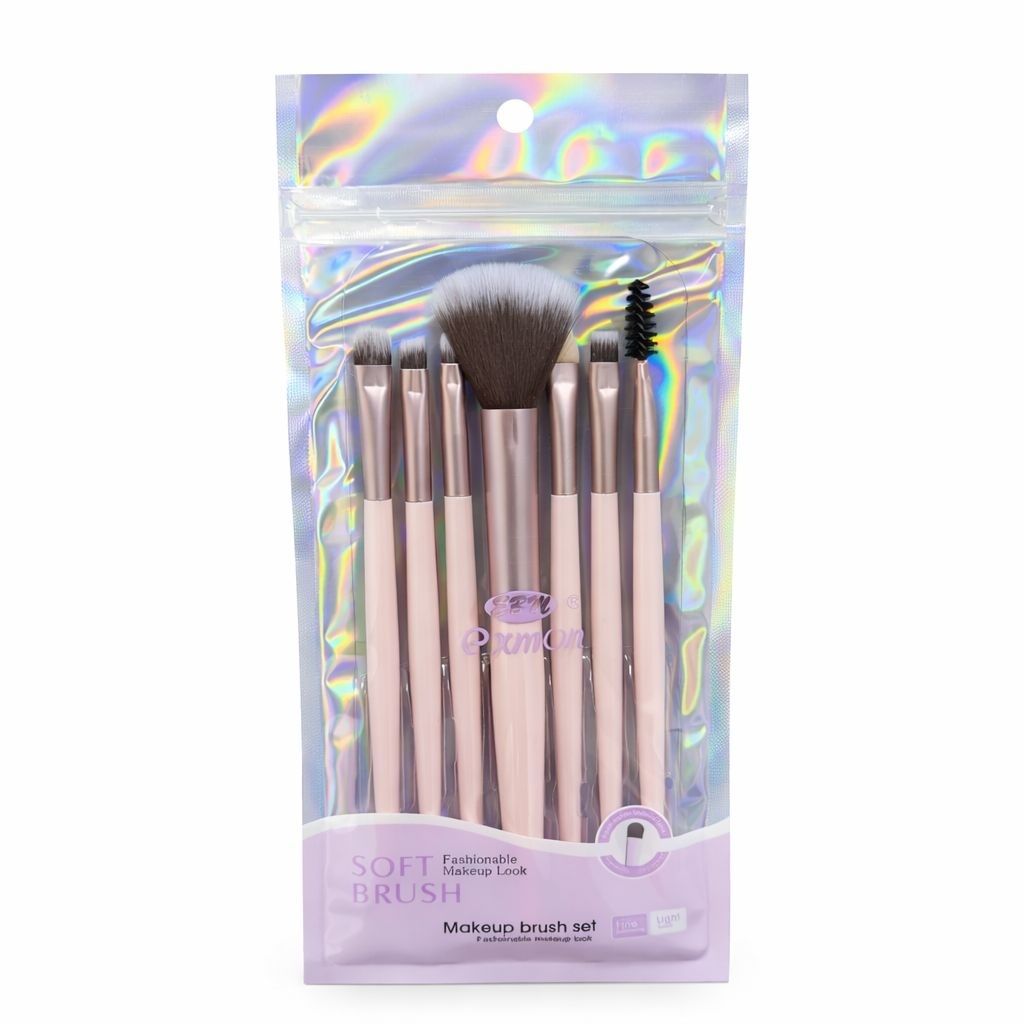 Set de pensule machiaj profesionale, 7 bucăți, fibre sintetice moi, culori mov și roz