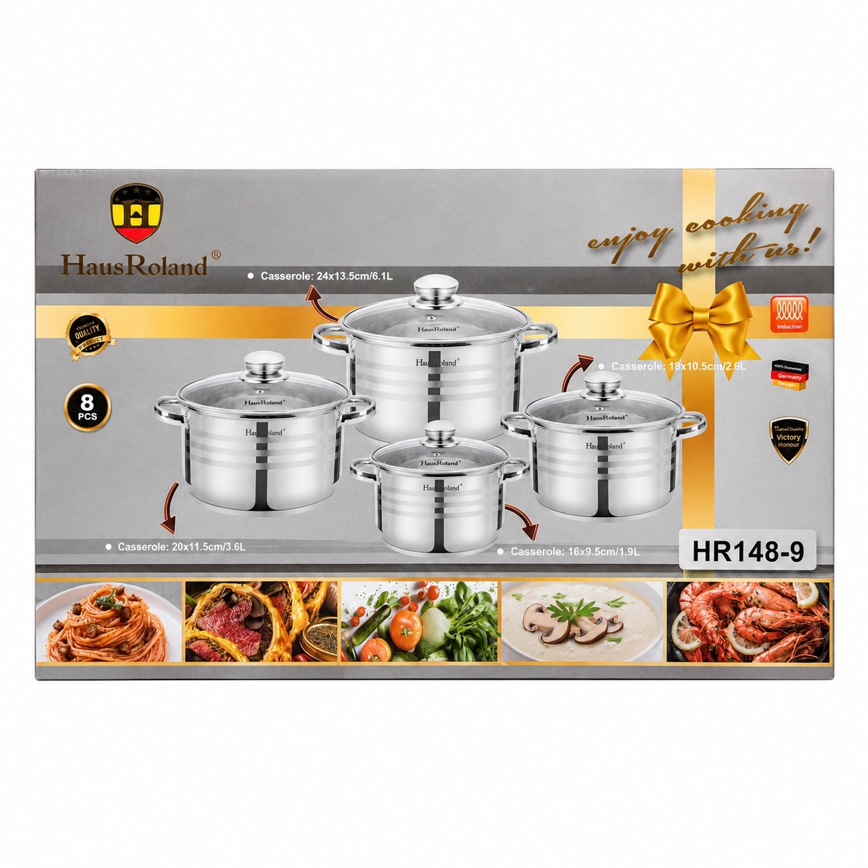 Set oale inox 8 piese HausRoland cu capac sticla, 1.9L–6.1L