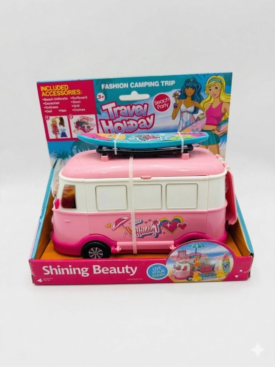Set rulota van de vacanta cu papusa si accesorii plaja, surf, roz 20x22 cm 2