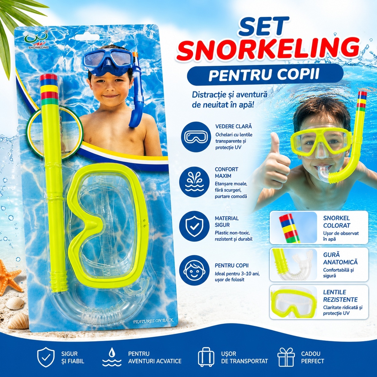 Set Snorkeling Galben pentru Copii – Mască și Tub pentru Înot și Scufundări 2