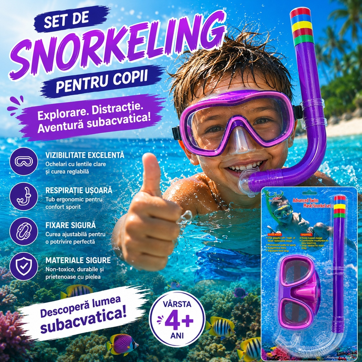 Set Snorkeling pentru Copii Mov – Mască și Tub Respirator pentru Înot și Scufundări 2