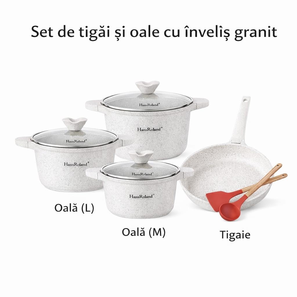 Set tigăi și oale cu înveliș granit antiaderent, capace sticlă, 7 piese, Alb