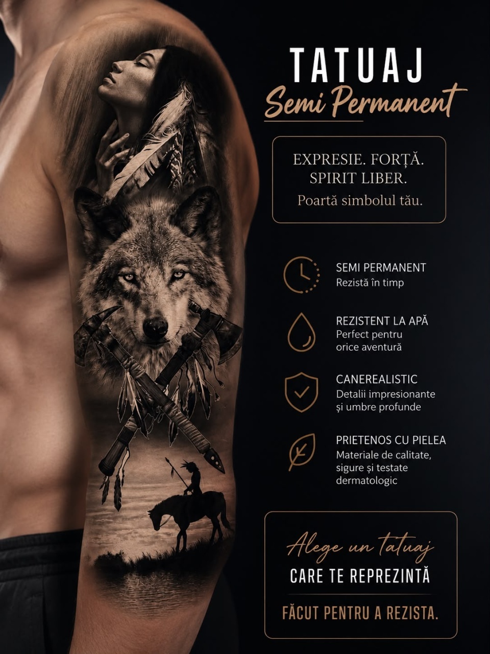 Tatuaj Semipermanent cu Lup, Siluetă Feminină și Elemente Native – 45 cm 2