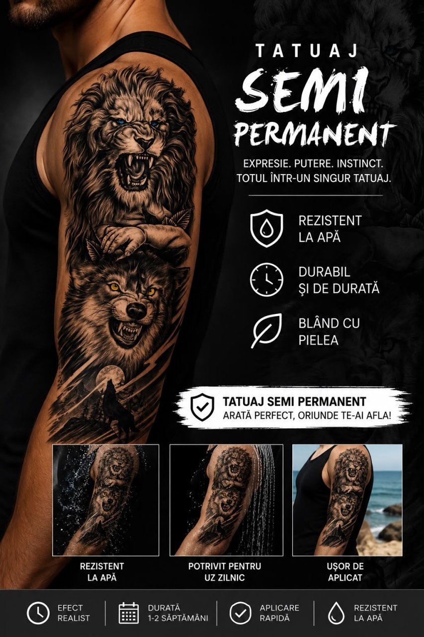 Tatuaj Semipermanent Leu și Lup – 45 cm - Design Realist Black & Grey 2