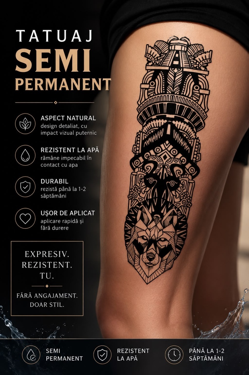 Tatuaj Semipermanent Tribal cu Mască Aztecă și Lup – 45 cm 2