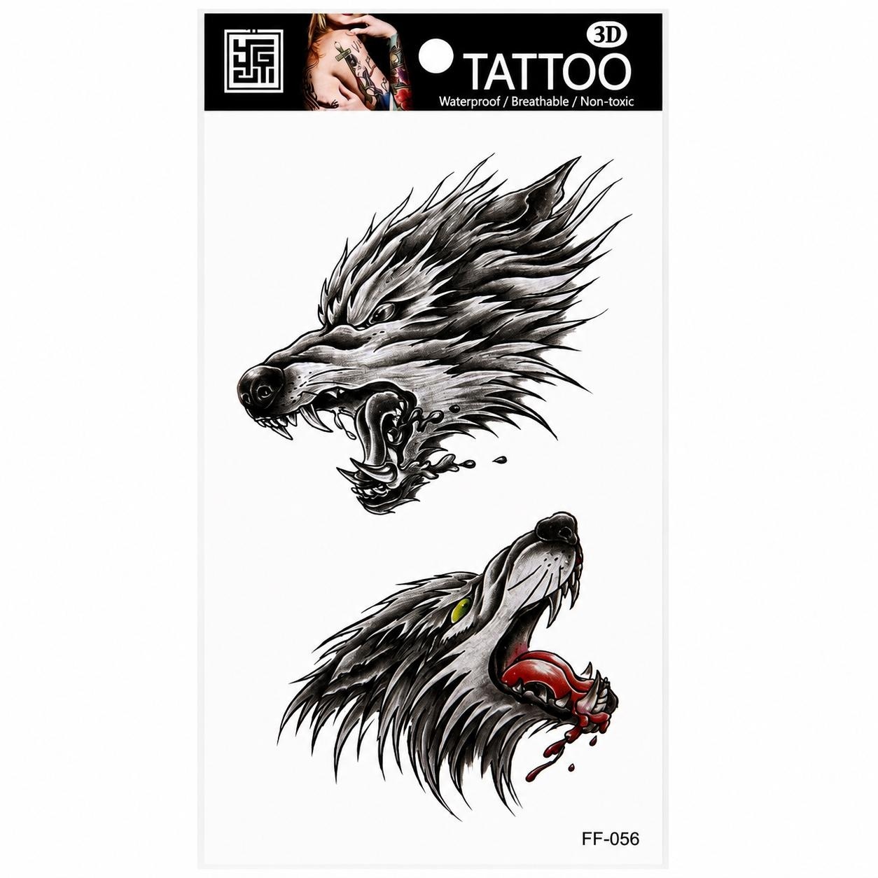 Tatuaj Temporar Semipermanent Capete de Lup în Stil Tribal – 18 cm, Rezistent la Apă