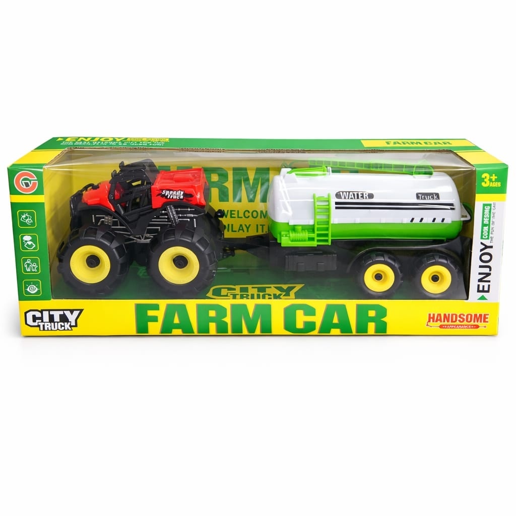 Tractor cu remorca cisterna apa, jucarie copii, rosu cu verde, Farm Car 2