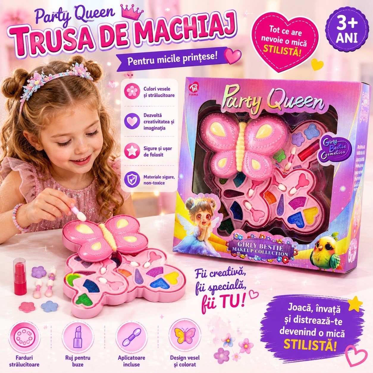 Trusă de Machiaj pentru Copii Tip Fluture, cu Farduri, Ruj și Aplicatoare – Set Cosmetic de Jucărie, 3+ Ani 2