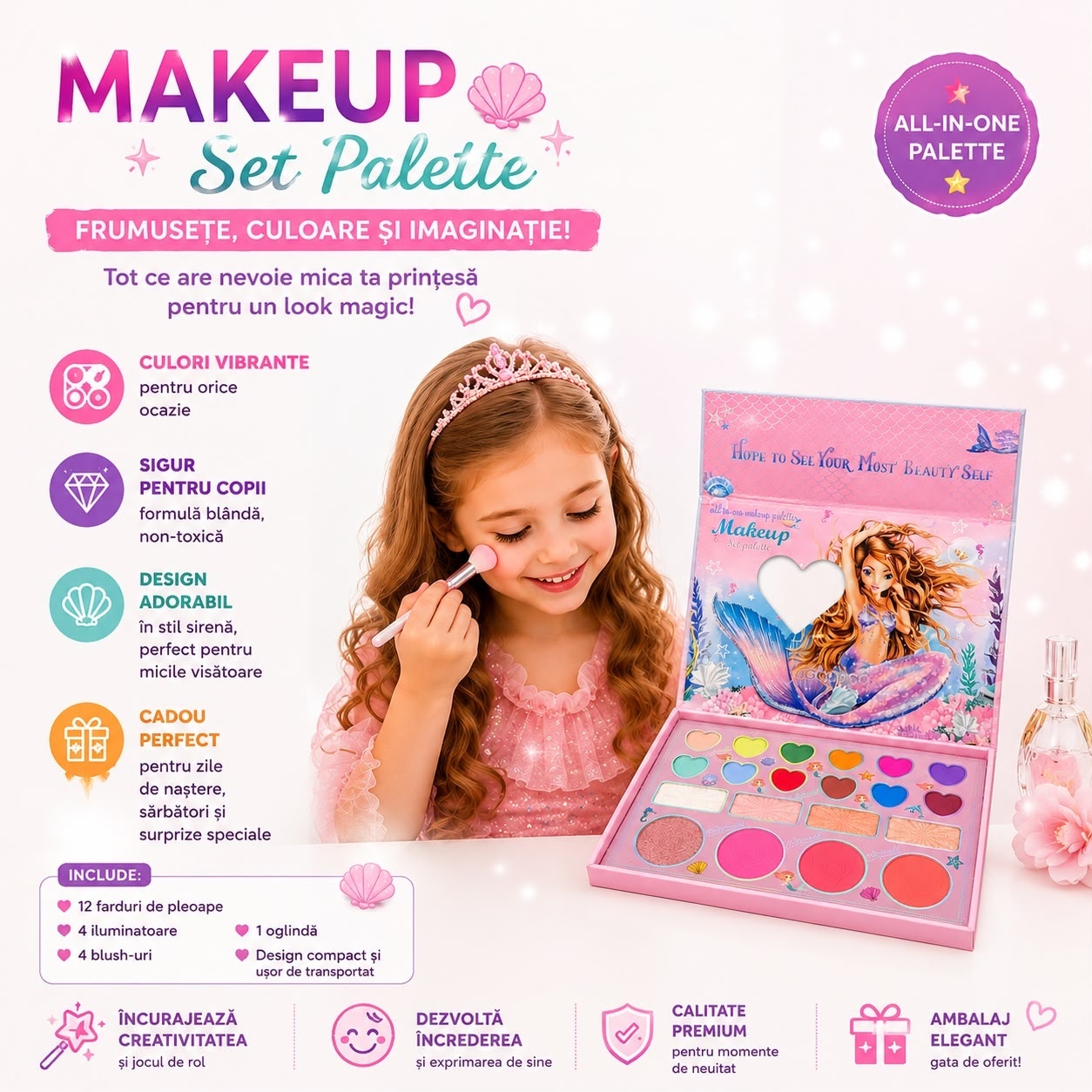 Trusă de Machiaj pentru Fetițe cu Oglindă – Paletă Makeup All-in-One, Farduri, Blush și Iluminator 2