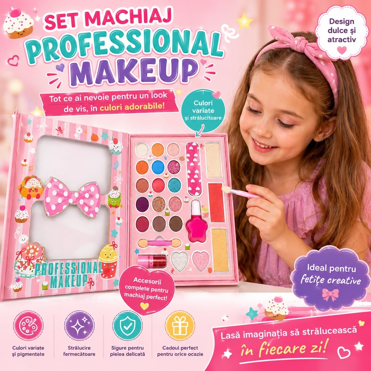 Trusă Machiaj pentru Copii Profesional Makeup – Set Cosmetice pentru Fetițe, Paletă Farduri 3