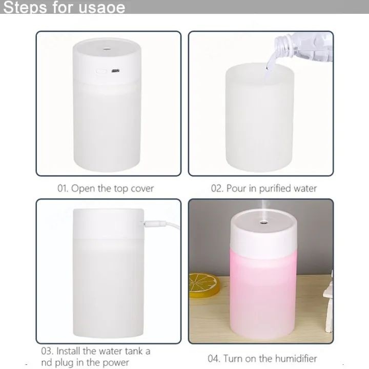 Umidificator aer portabil USB 260ml, difuzor aroma, vaporizator camera, iluminare ambientala, alb 5