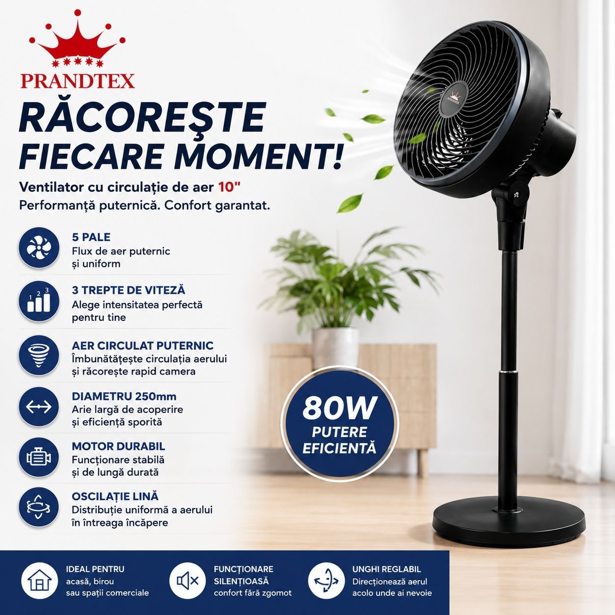 Ventilator cu Picior 10 Inch, negru , 80W, 3 Trepte de Viteză, Oscilație, Circulație Puternică a Aerului 3