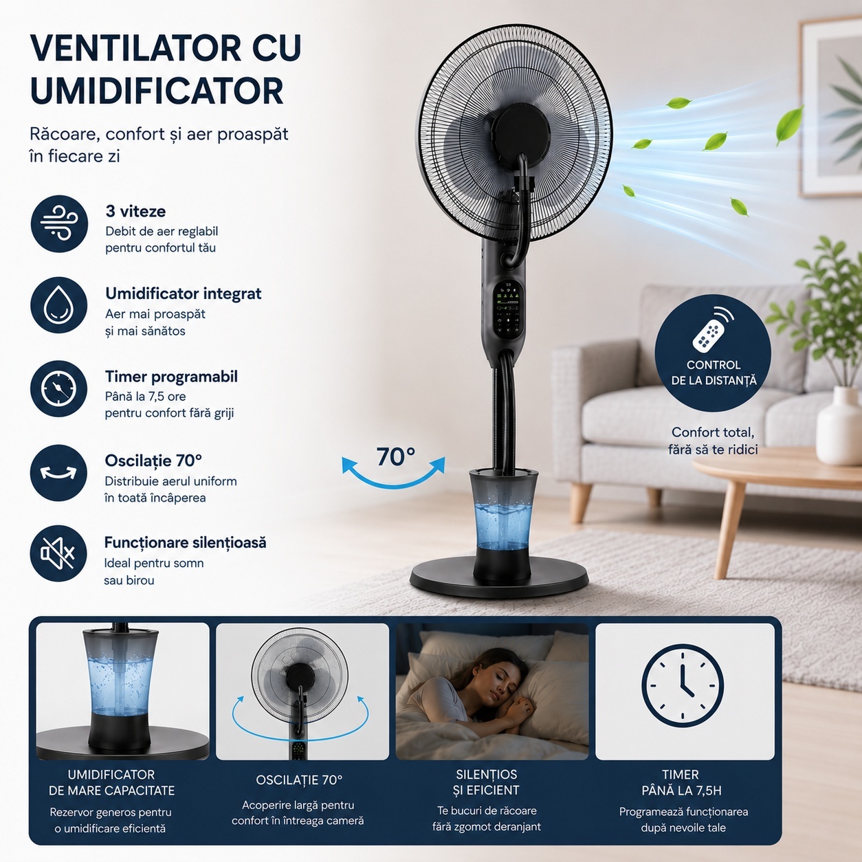 Ventilator cu Umidificator, Negru, 75W, 220V, 3 Viteze, Timer 7.5 Ore, Oscilație 70° 4