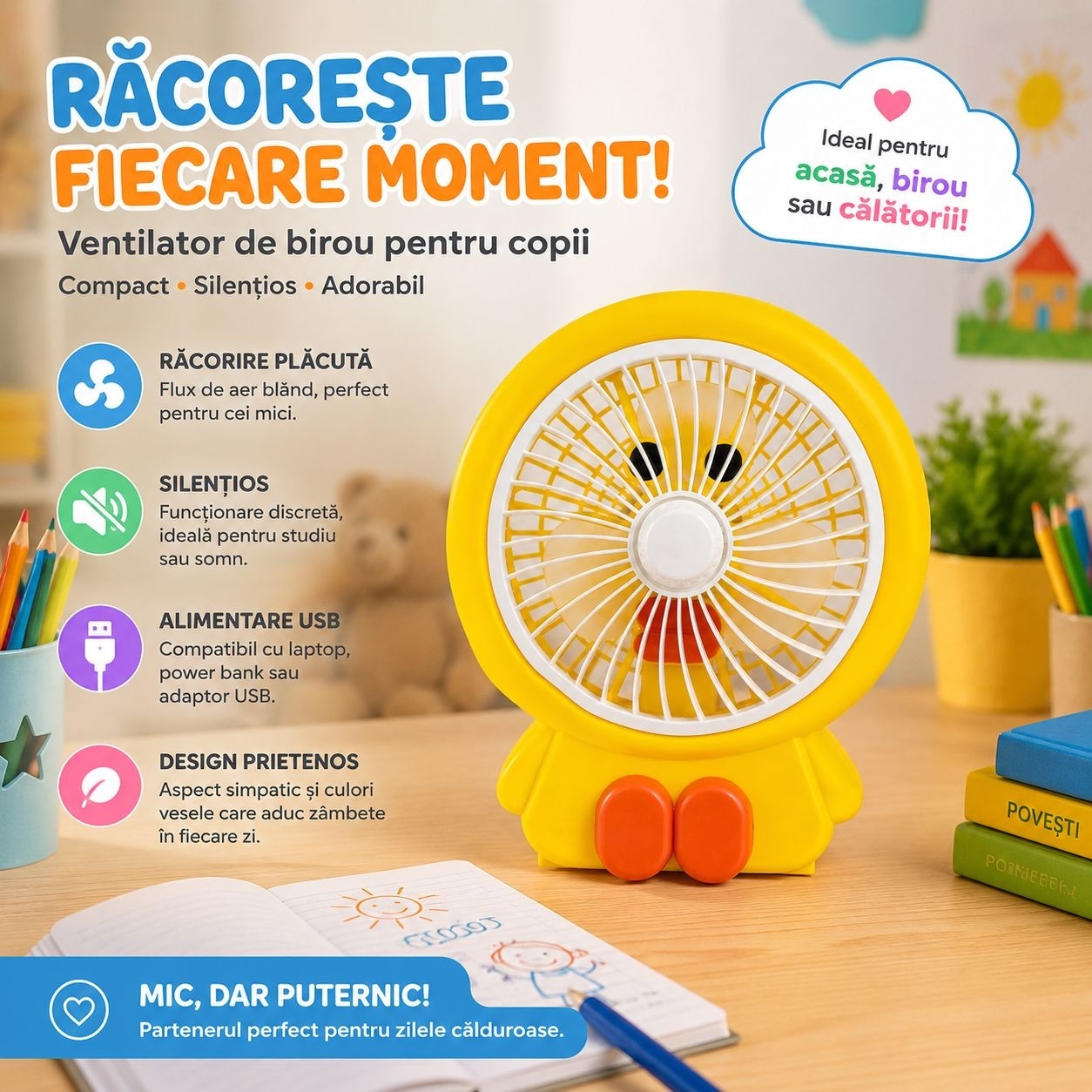 Ventilator de Birou 30 cm, 20W, Galben, Alimentare USB, Silențios, Design Adorabil pentru Copii 2