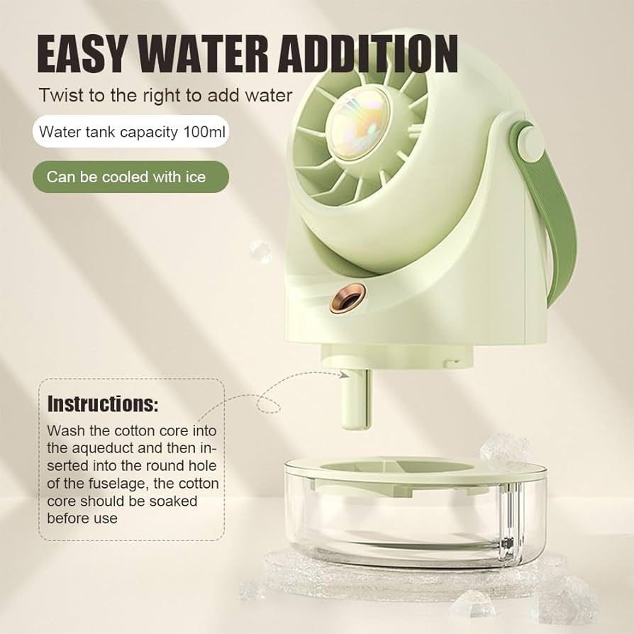 Ventilator portabil cu pulverizare apa si rezervor, 3 trepte viteza, lumina LED, USB, mov 4