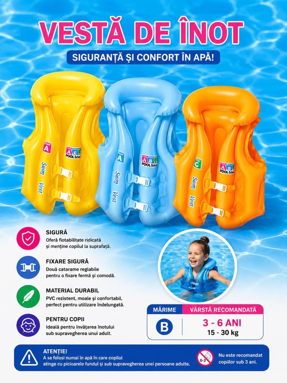 Vesta gonflabila inot copii 20–30 kg , portocaliu, marime B, pentru piscina si mare 2