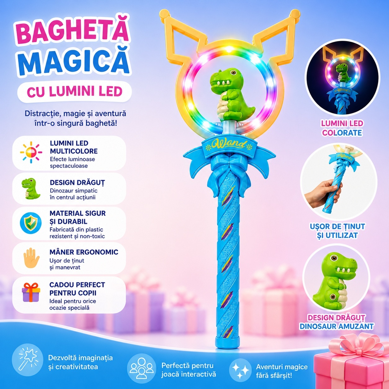Baghetă magică albastra cu lumini, figurina Dinozaur , 42 cm – jucărie interactivă pentru copii 4