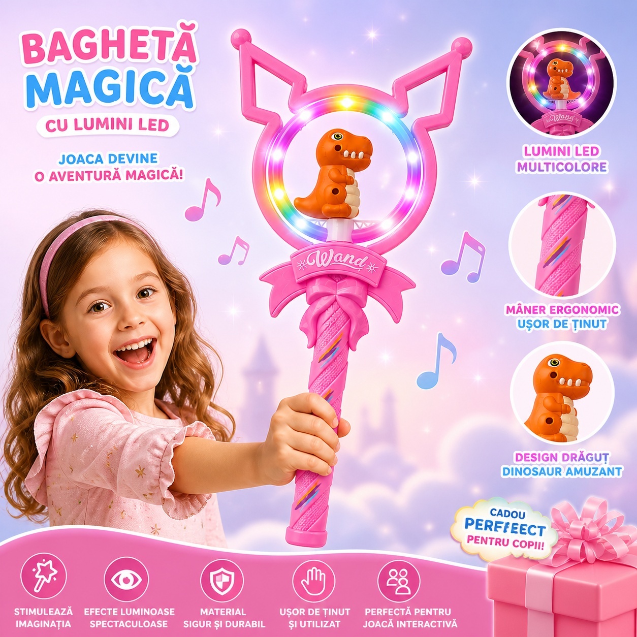 Baghetă magică roz cu lumini , figurina Dinozaur , 42 cm – jucărie interactivă pentru copii 3