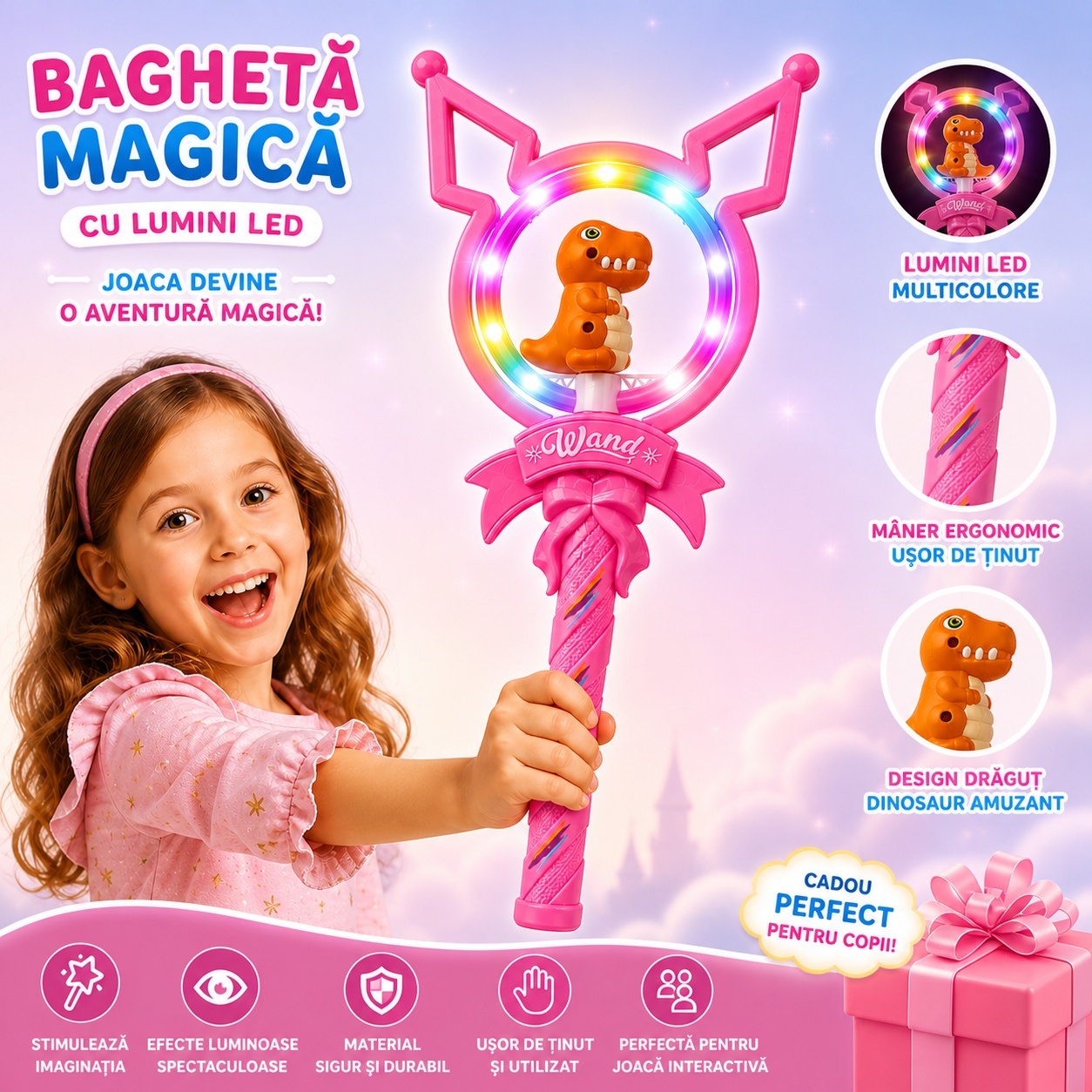 Baghetă magică roz cu lumini , figurina Dinozaur , 42 cm – jucărie interactivă pentru copii 4