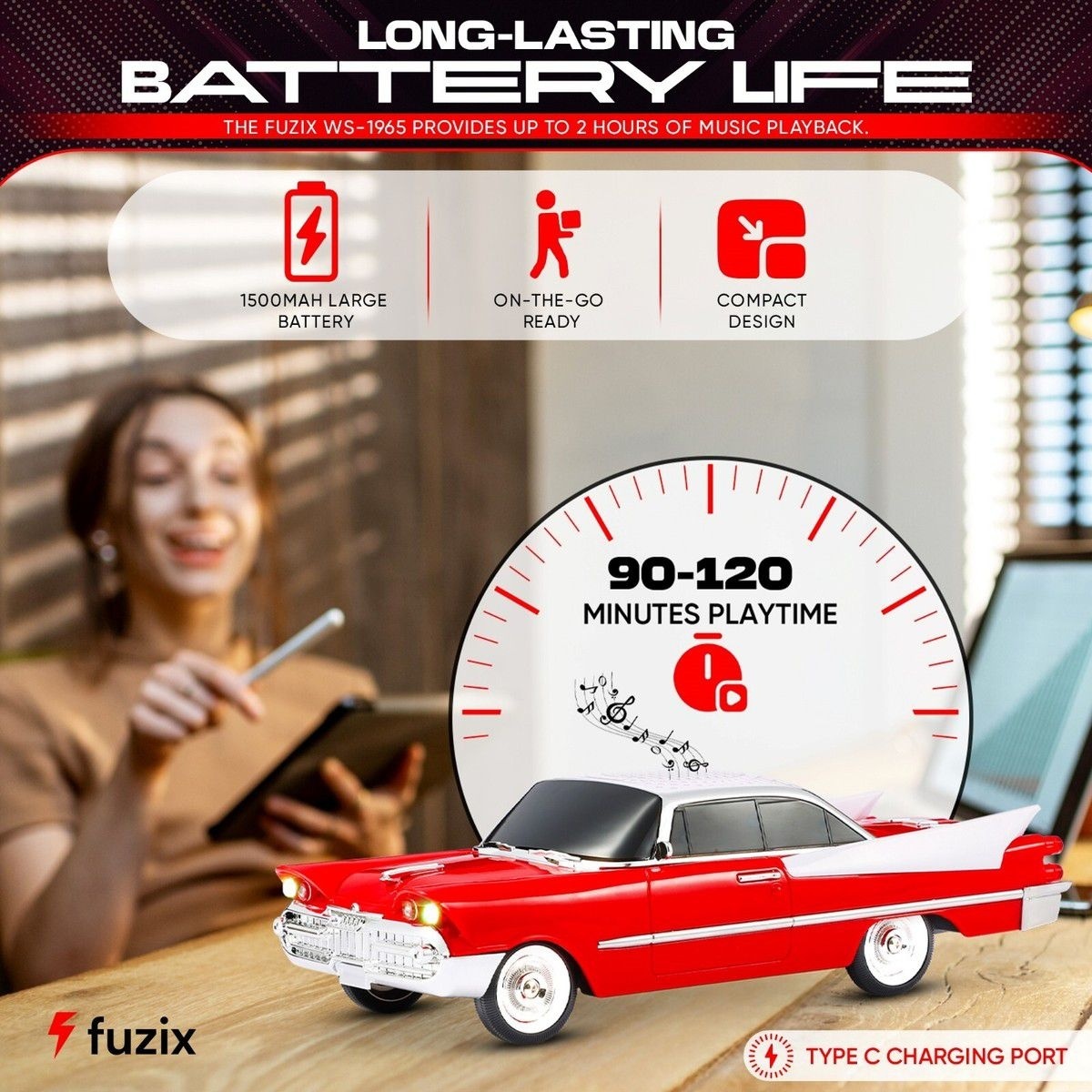Boxa portabila Bluetooth masina retro, radio FM, USB, TF, AUX, LED, Type-C, rosu 3