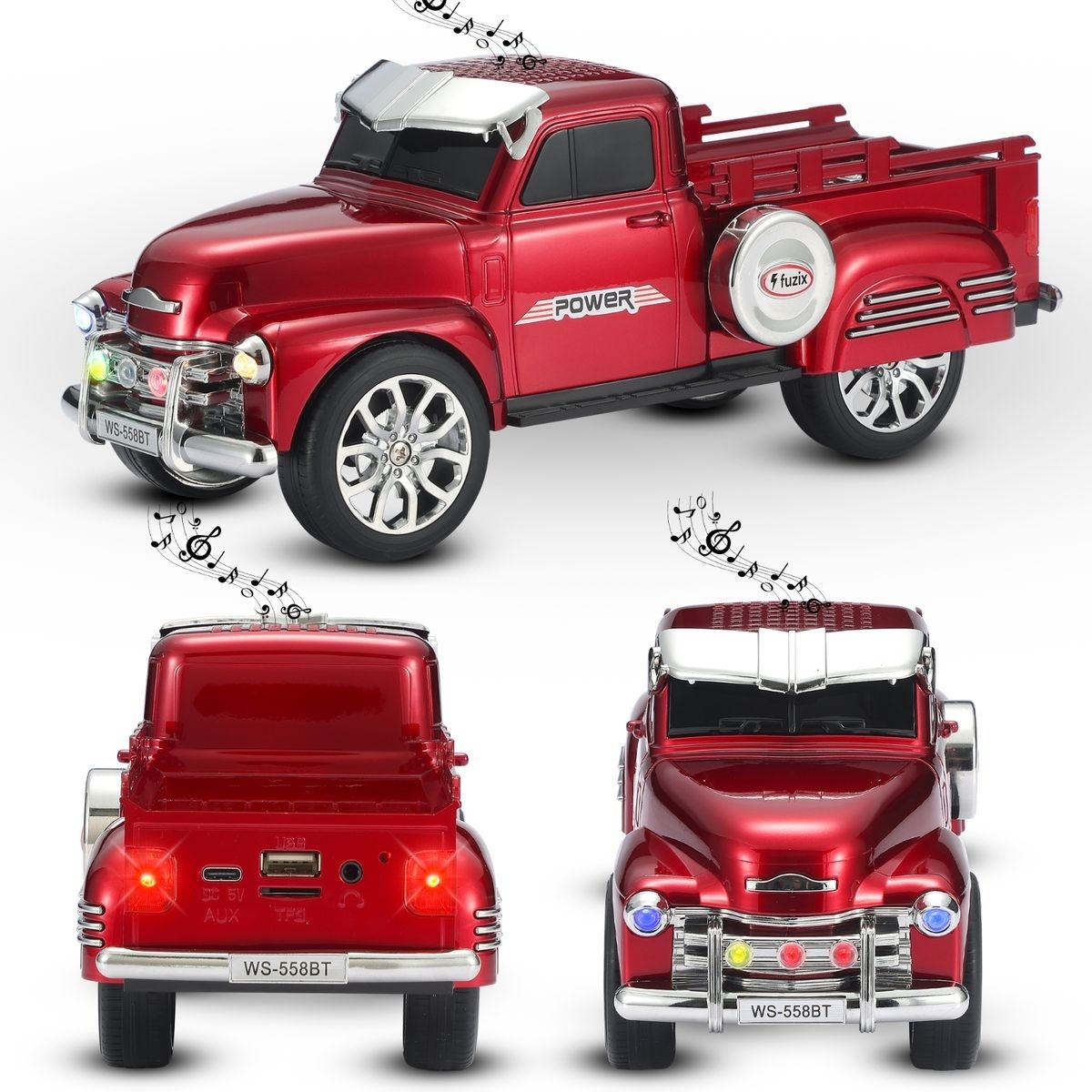 Boxa portabila Bluetooth masina vintage, radio FM, USB, TF, lumini LED, TWS, rosu