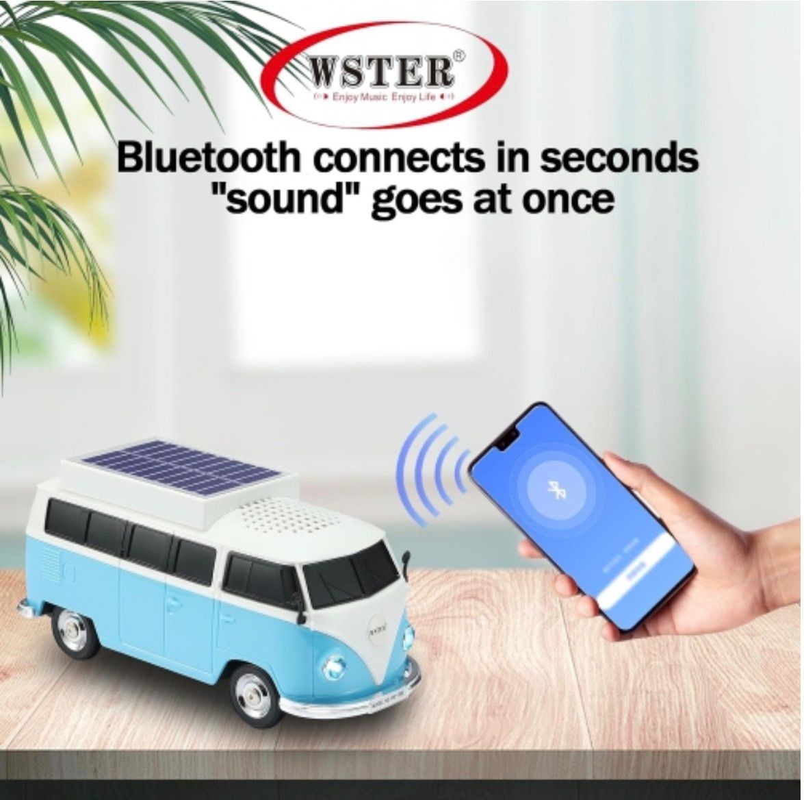 Boxă portabilă Bluetooth WSTER în formă de microbuz retro, cu încărcare solară, albastru 2
