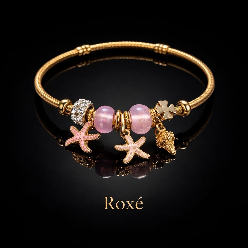 Bratara dama ROXE aurie cu charmuri marine stea de mare si scoica, eleganta 2