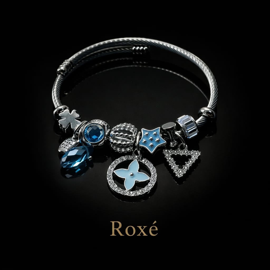 Bratara ROXE argintie cu charmuri elegante si cristale culori mixte 5