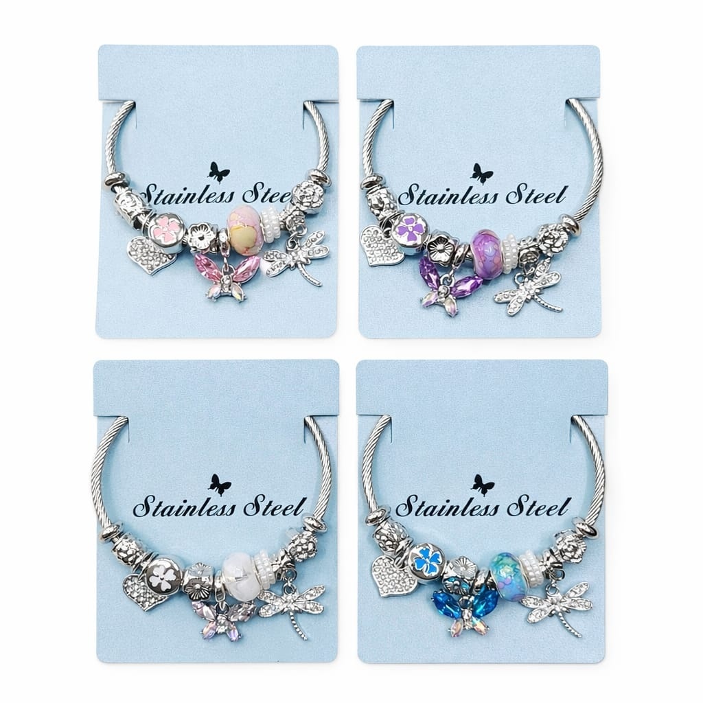 Bratara ROXE argintie cu fluture libelula si inimioara charmuri elegante