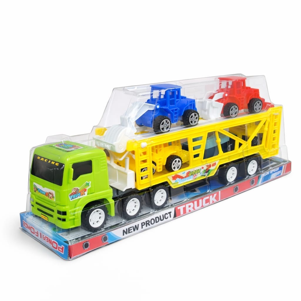 Camion transportator verde cu platformă și mini vehicule de construcții, 30x8x13.5 cm