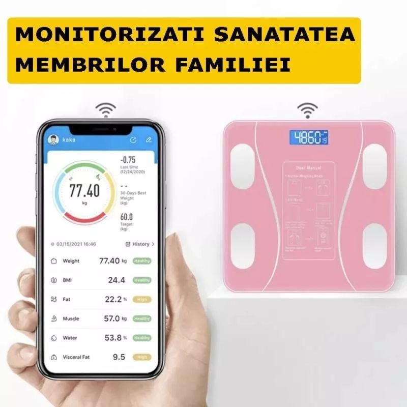Cântar inteligent cu conectivitate app, analizator corporal digital, sticlă și plastic, roz 2