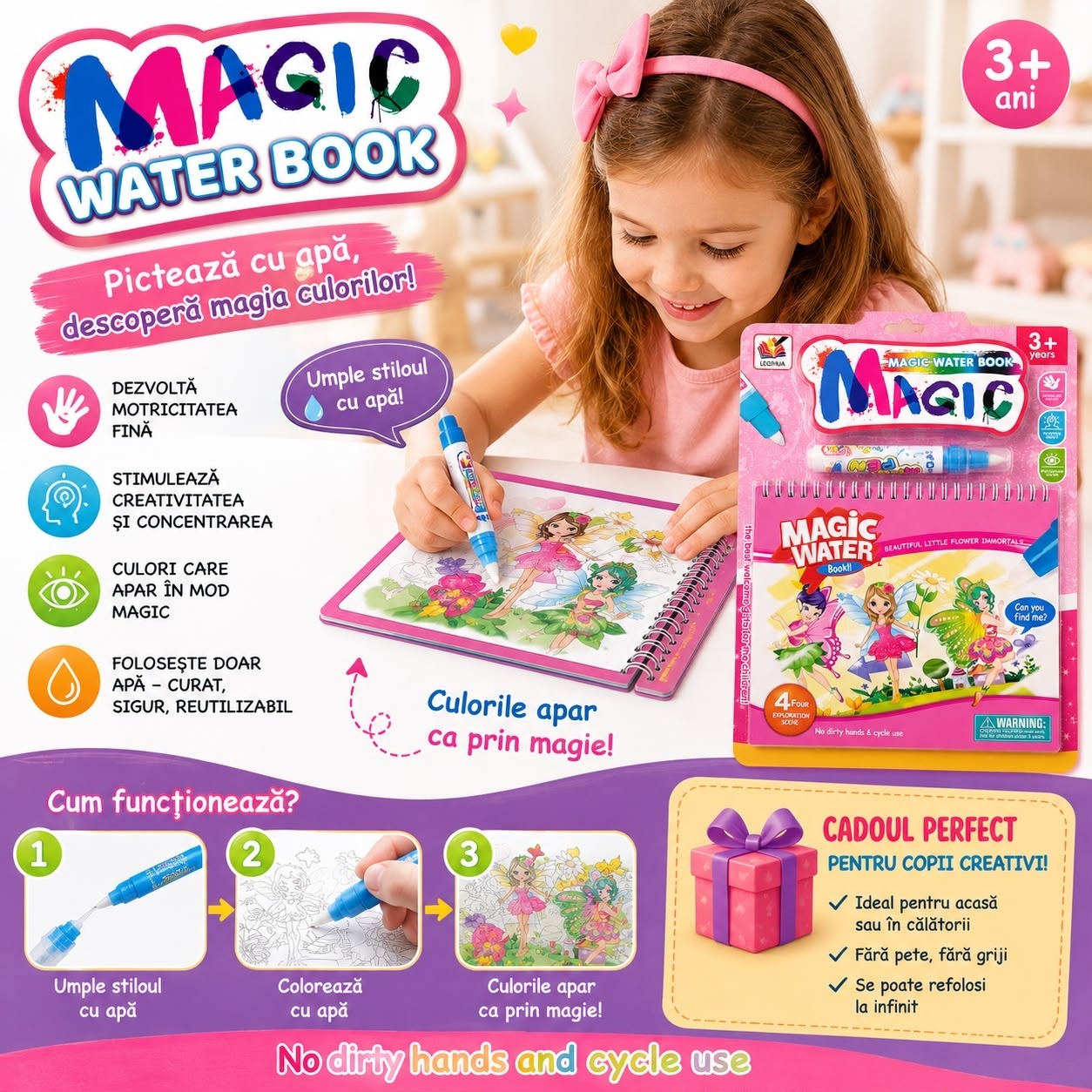 Carte de Colorat cu Apă Magică Reutilizabilă pentru Copii 3+ Ani – Zâne și Flori Fermecate 2