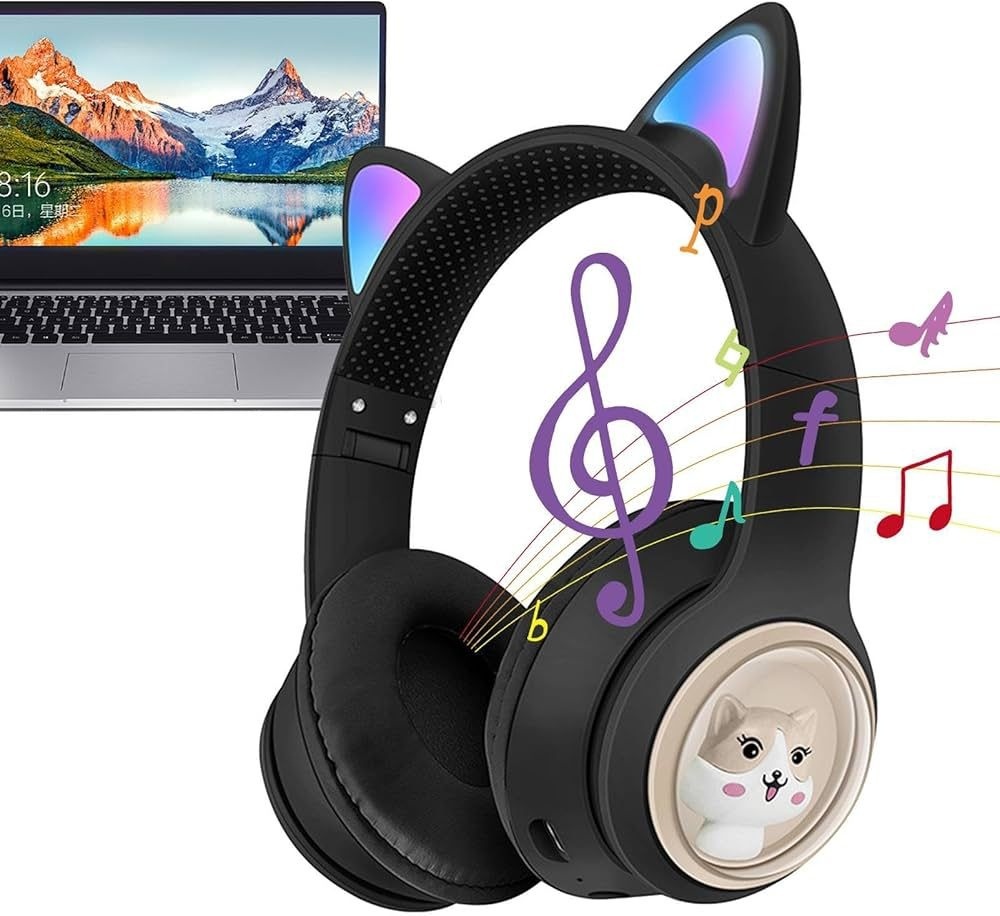 Casti wireless Bluetooth cu urechi de pisica LED, pliabile, pentru copii si adulti, negre 2