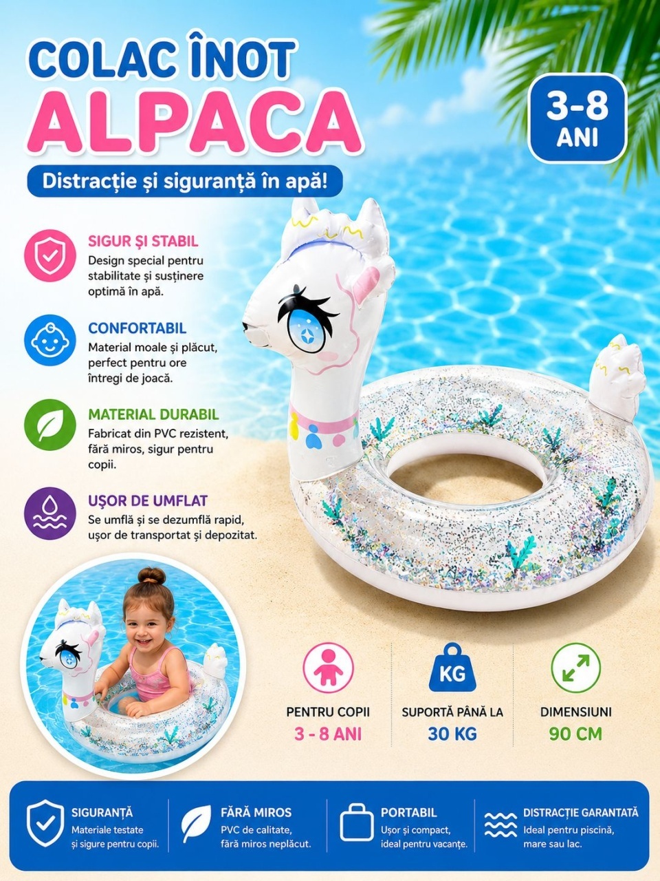 Colac Gonflabil Alpaca pentru Copii – 90 cm, Model cu Sclipici, PVC Rezistent 2