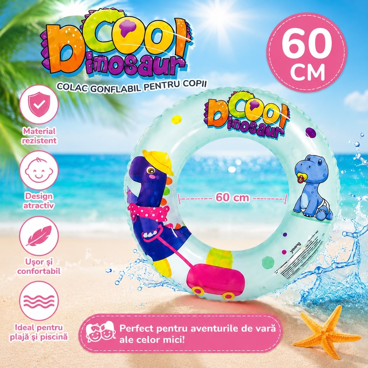 Colac Gonflabil Copii 60 cm cu Dinozauri – Model Albastru, pentru Piscină, Plajă și Activități Acvatice 2