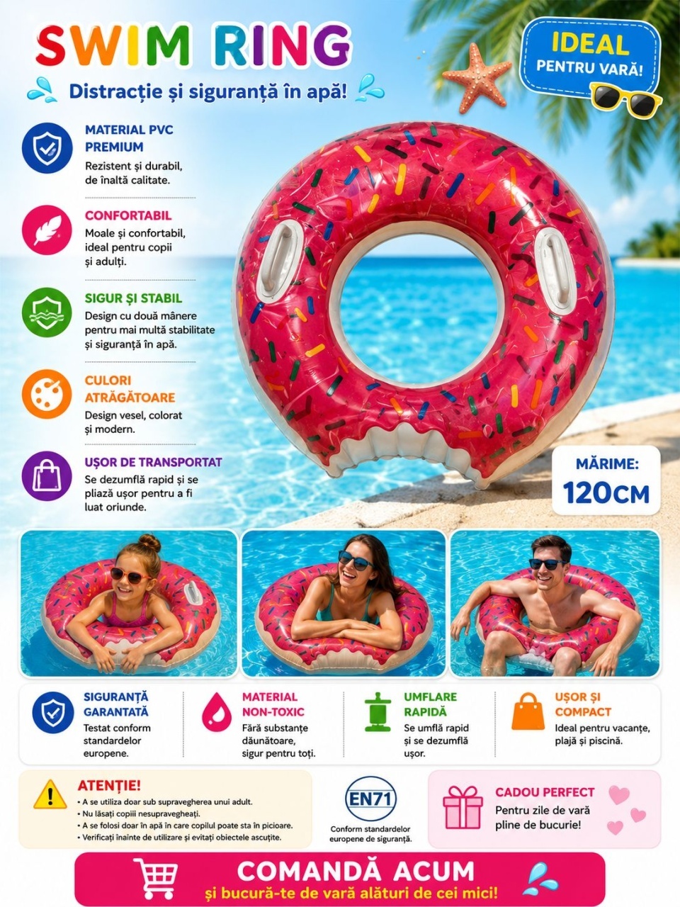 Colac Gonflabil Gogoașă Roz 120 cm – Colac de Înot pentru Piscină și Plajă 2