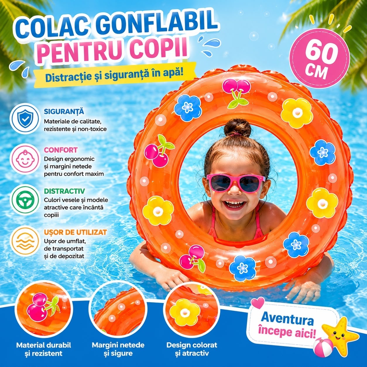 Colac Gonflabil pentru Copii 60 cm cu Flori și Cireșe – Colac de Înot Colorat pentru Piscină și Mare 3