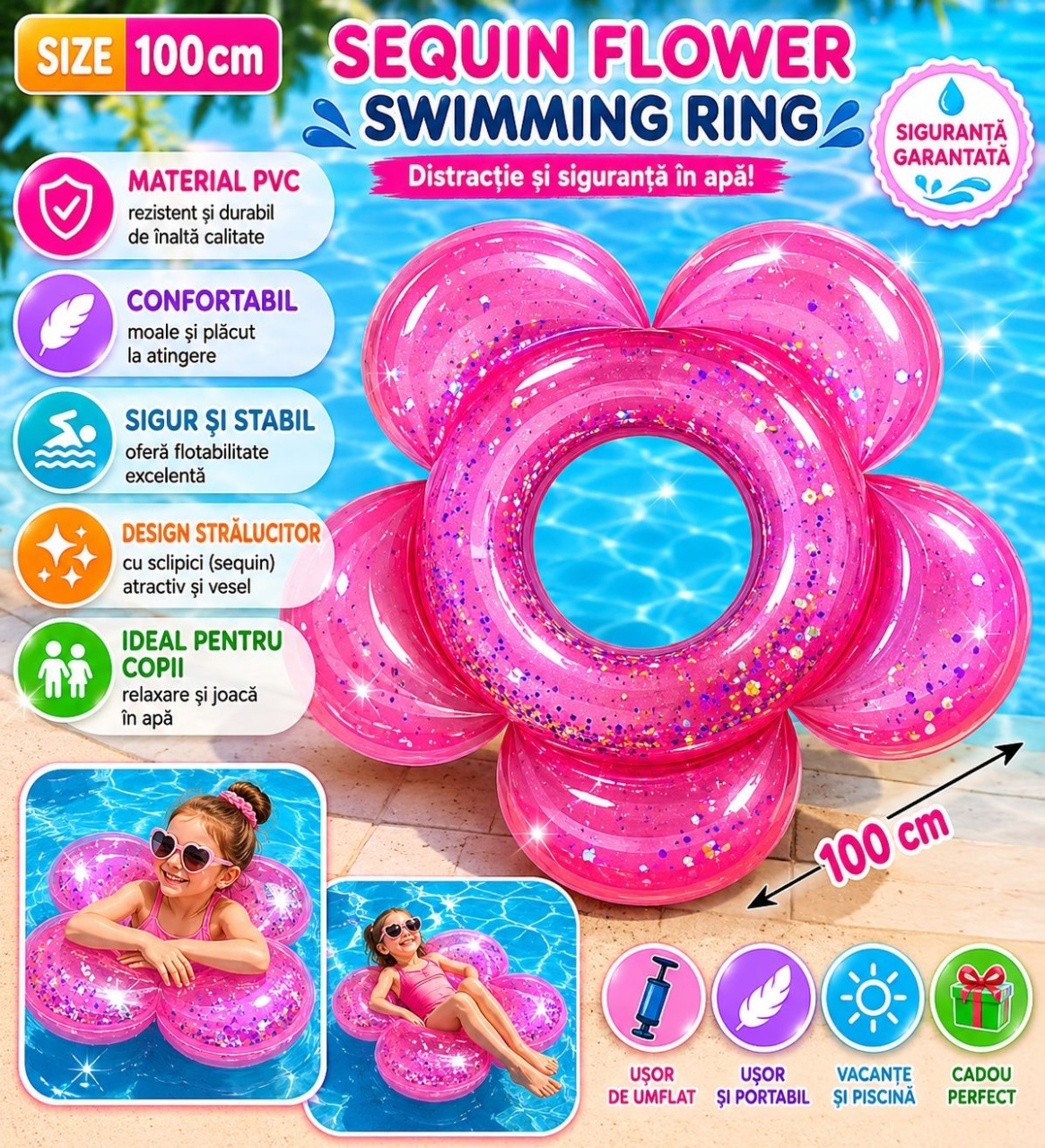 Colac Gonflabil pentru Copii Roz, Model Floare cu Sclipici, 100 cm , PVC Rezistent 2
